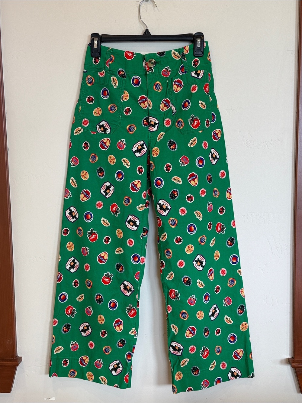 Anthropologie Maeve Colette Wide Leg Cropped Pants in Green Fruit Print sz 27